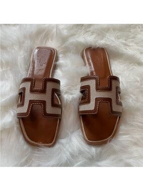 Hermes Brown Leather & Beige Canvas Oran Slide Sandals - Women's size 8